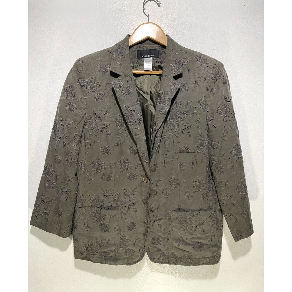 Jones NY Silk linen blazer Floral embroider bohemian cottage jacket women 14